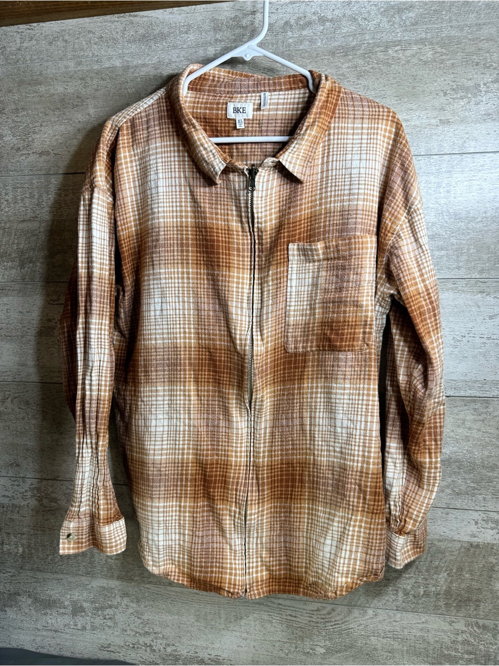 BKE Plaid Zip Up Flannel Boyfriend Fit Shirt Jacket Brown Tan XL